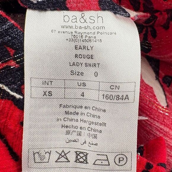 BA&SH Womens Blouse Top Floral Short Sleeve Red Black Size 4 Early Shirt - Picture 9 of 11